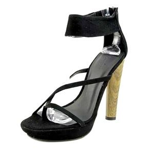 BCBG Max Azria Jasmin High Heel Black Suede Strap Sandal Shoe. Heel 5 1/4”